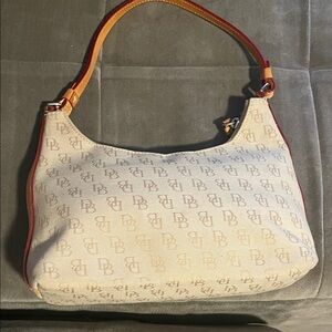 Dooney & Bourke DB Monogram Canvas Shoulder Bag Tan Leather Trim Y2K bag